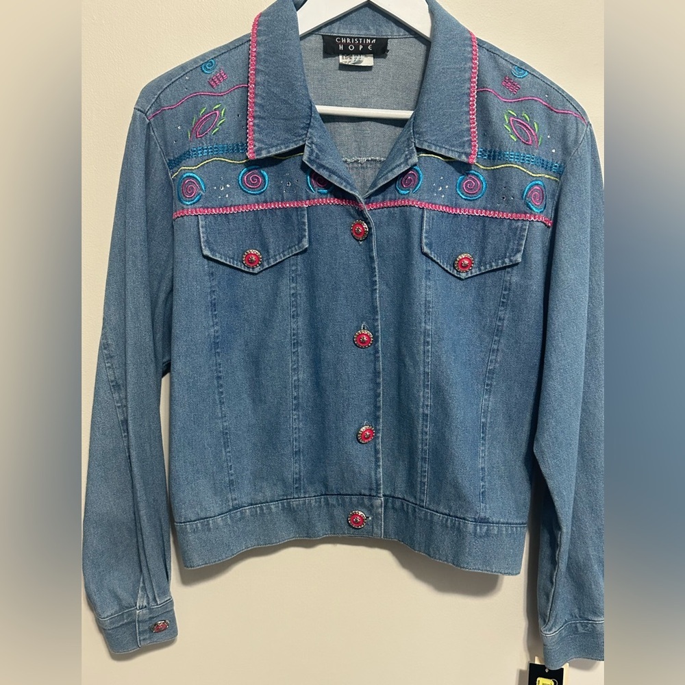 Blue Denim Jacket with Pink and Blue Embroidery